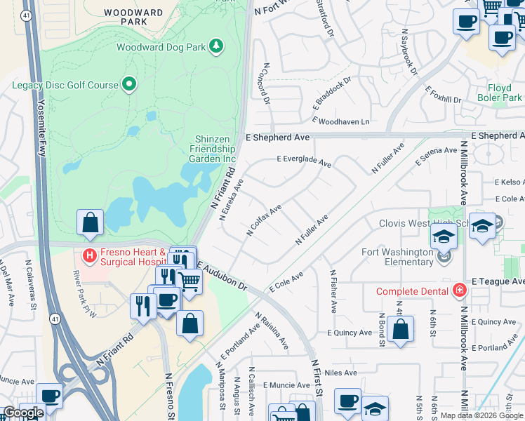 map of restaurants, bars, coffee shops, grocery stores, and more near 8695 North Colfax Avenue in Fresno