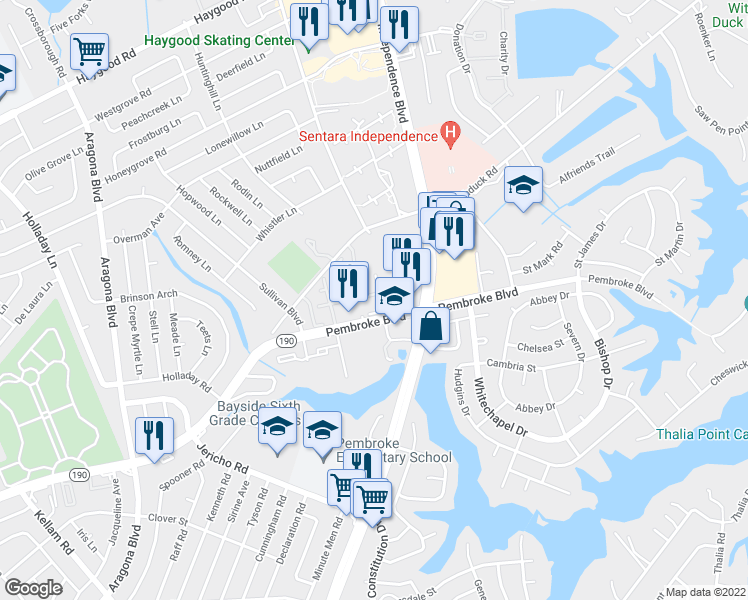 map of restaurants, bars, coffee shops, grocery stores, and more near 4601 Georgetown Place in Virginia Beach