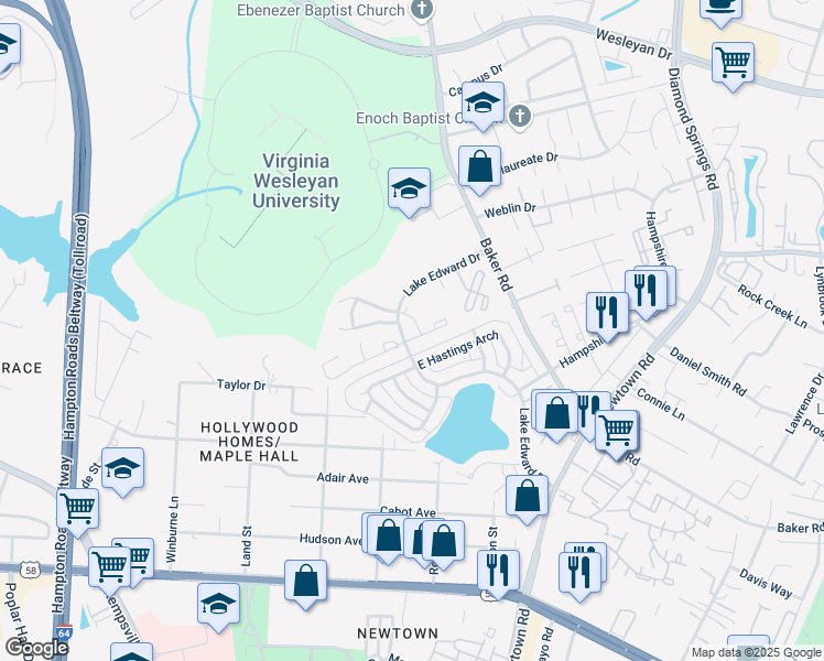map of restaurants, bars, coffee shops, grocery stores, and more near 601 Winding Way in Virginia Beach