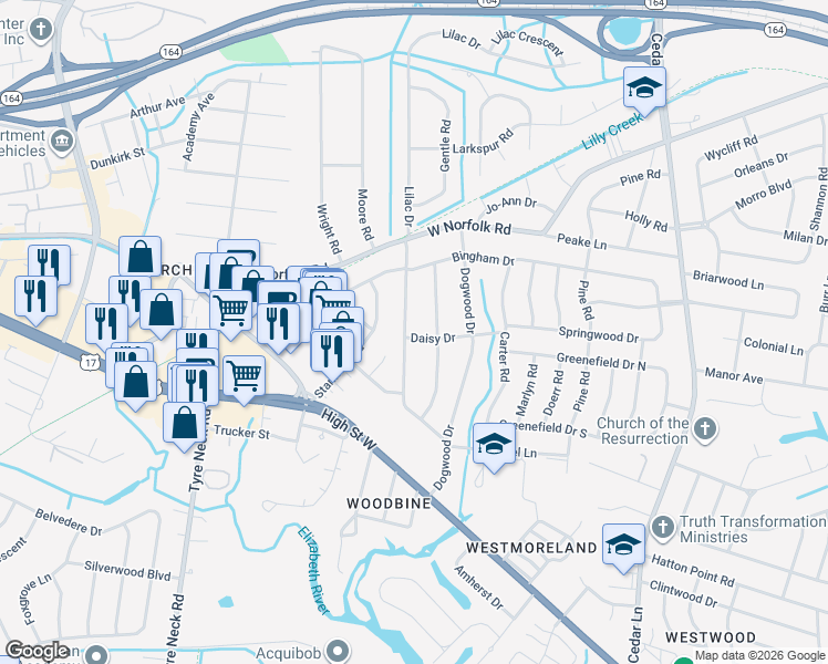 map of restaurants, bars, coffee shops, grocery stores, and more near 3301 Lilac Drive in Portsmouth