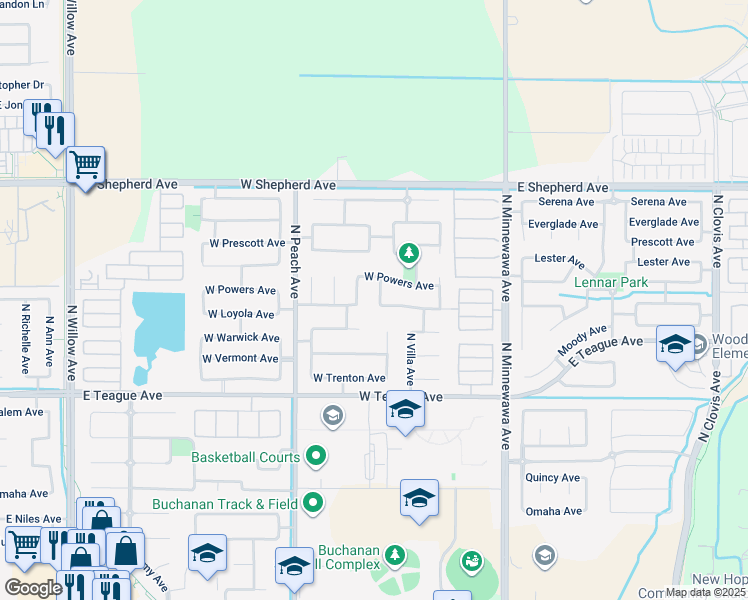 map of restaurants, bars, coffee shops, grocery stores, and more near 1744 North Homsy Avenue in Clovis