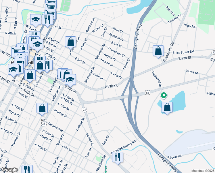 map of restaurants, bars, coffee shops, grocery stores, and more near 1131 East 7th Street in Hopkinsville
