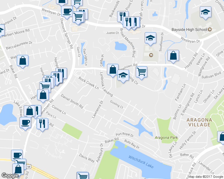 map of restaurants, bars, coffee shops, grocery stores, and more near 5500 Lynbrook Landing in Virginia Beach
