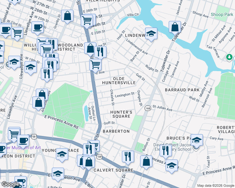 map of restaurants, bars, coffee shops, grocery stores, and more near 845 Lexington Street in Norfolk