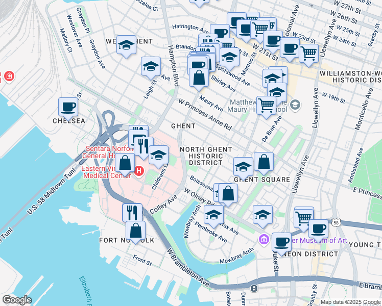 map of restaurants, bars, coffee shops, grocery stores, and more near in Norfolk