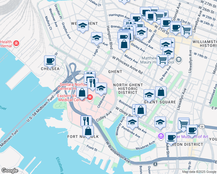 map of restaurants, bars, coffee shops, grocery stores, and more near 651 Raleigh Avenue in Norfolk