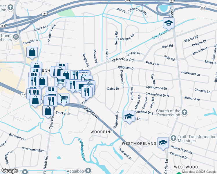 map of restaurants, bars, coffee shops, grocery stores, and more near 3301 Lilac Drive in Portsmouth