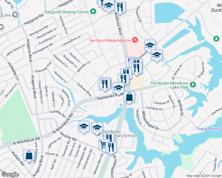 map of restaurants, bars, coffee shops, grocery stores, and more near 4609 Georgetown Place in Virginia Beach