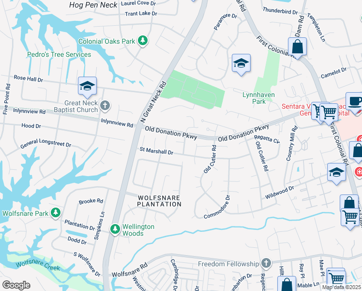 map of restaurants, bars, coffee shops, grocery stores, and more near 909 Summerwind Road in Virginia Beach