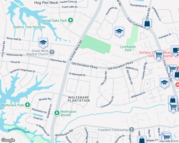 map of restaurants, bars, coffee shops, grocery stores, and more near 909 Summerwind Road in Virginia Beach