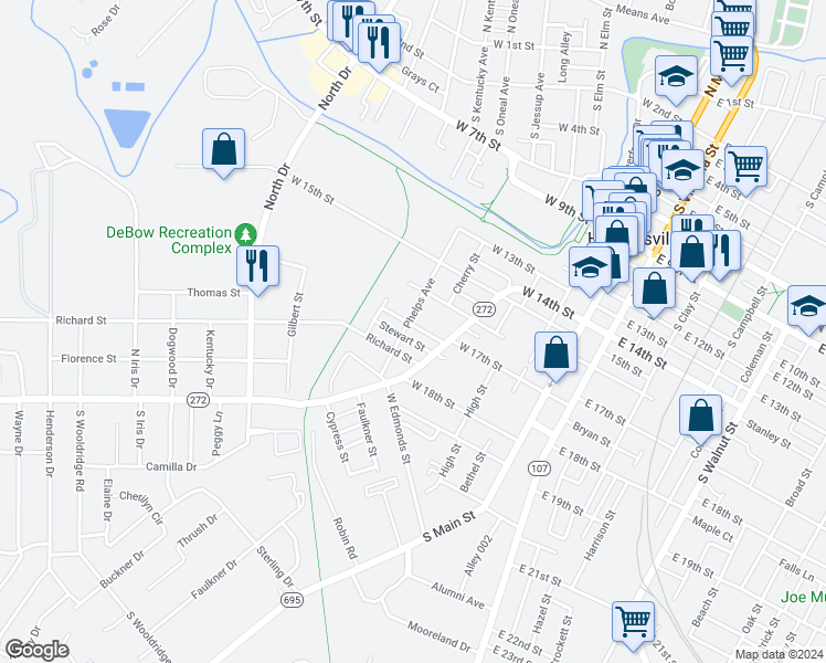 map of restaurants, bars, coffee shops, grocery stores, and more near 523 West 17th Street in Hopkinsville