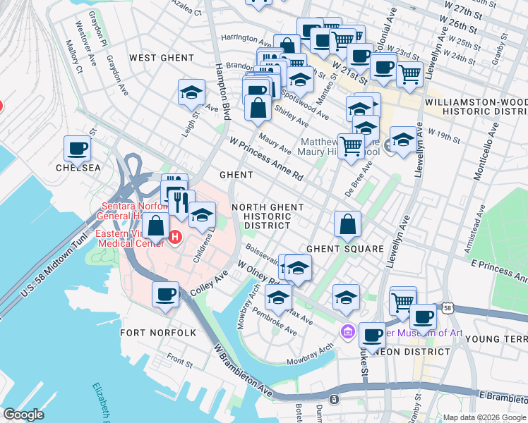 map of restaurants, bars, coffee shops, grocery stores, and more near 616 Redgate Avenue in Norfolk