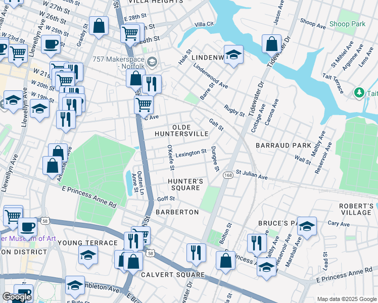 map of restaurants, bars, coffee shops, grocery stores, and more near 860 Lexington Street in Norfolk