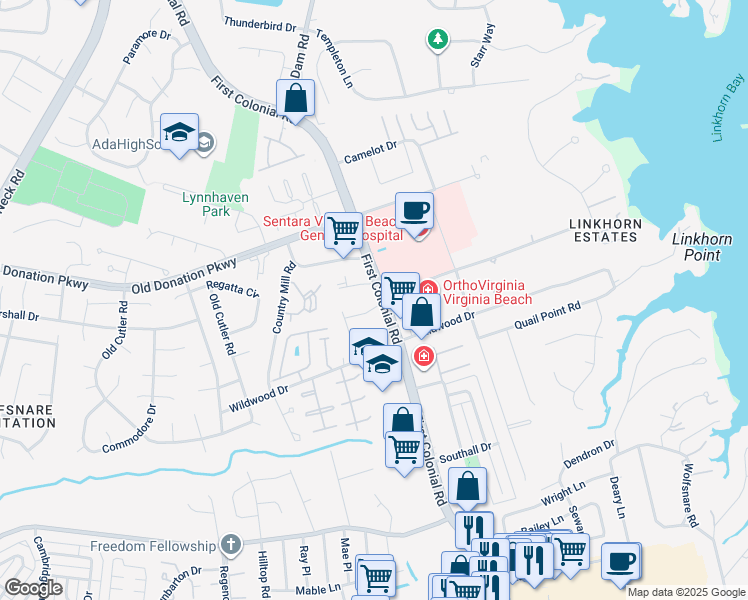 map of restaurants, bars, coffee shops, grocery stores, and more near 1800 Colonial Arms Circle in Virginia Beach