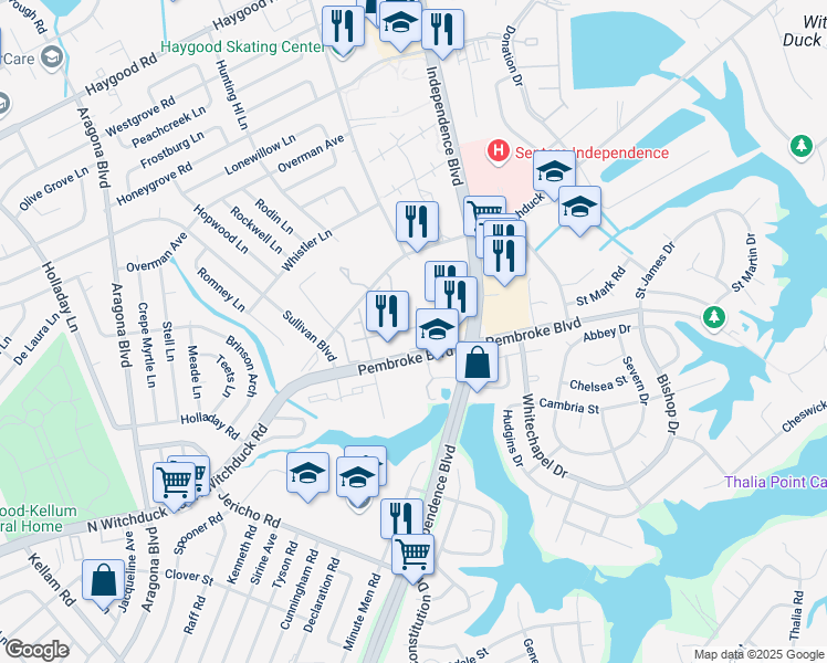 map of restaurants, bars, coffee shops, grocery stores, and more near 4605 Georgetown Place in Virginia Beach