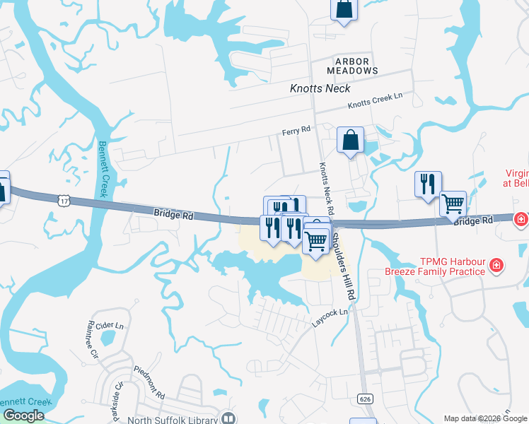 map of restaurants, bars, coffee shops, grocery stores, and more near 3564 Bridge Road in Suffolk