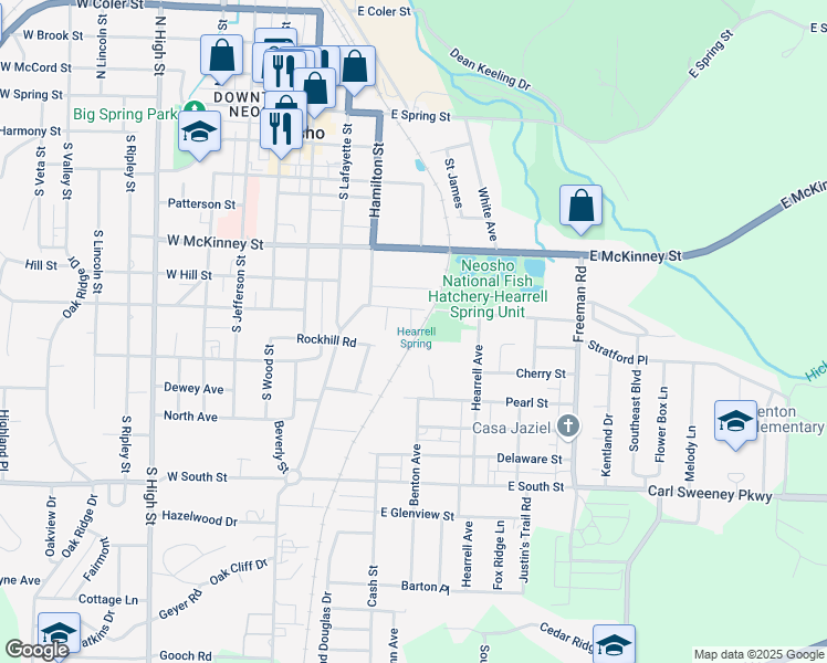 map of restaurants, bars, coffee shops, grocery stores, and more near 453-509 Park Street in Neosho