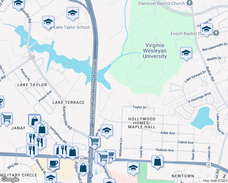 map of restaurants, bars, coffee shops, grocery stores, and more near 1264 Whaley Avenue in Norfolk