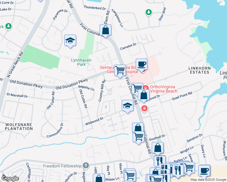 map of restaurants, bars, coffee shops, grocery stores, and more near 1020 Autumn Woods Lane in Virginia Beach