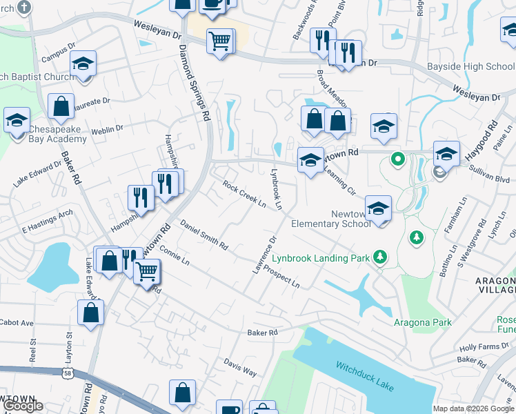 map of restaurants, bars, coffee shops, grocery stores, and more near 744 Cason Lane in Virginia Beach