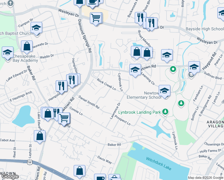 map of restaurants, bars, coffee shops, grocery stores, and more near 744 Cason Lane in Virginia Beach