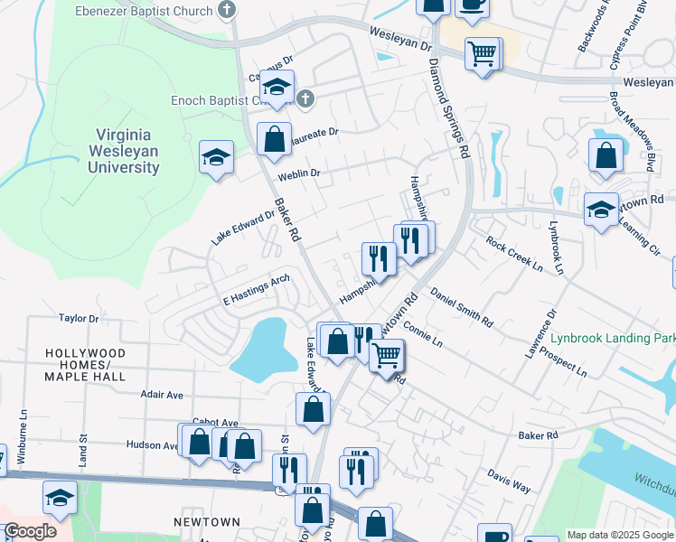 map of restaurants, bars, coffee shops, grocery stores, and more near 660 Arvida Lane in Virginia Beach