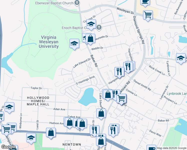 map of restaurants, bars, coffee shops, grocery stores, and more near 5741 East Hastings Arch in Virginia Beach