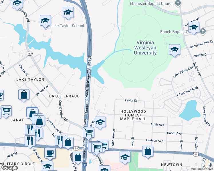 map of restaurants, bars, coffee shops, grocery stores, and more near 1264 Whaley Avenue in Norfolk