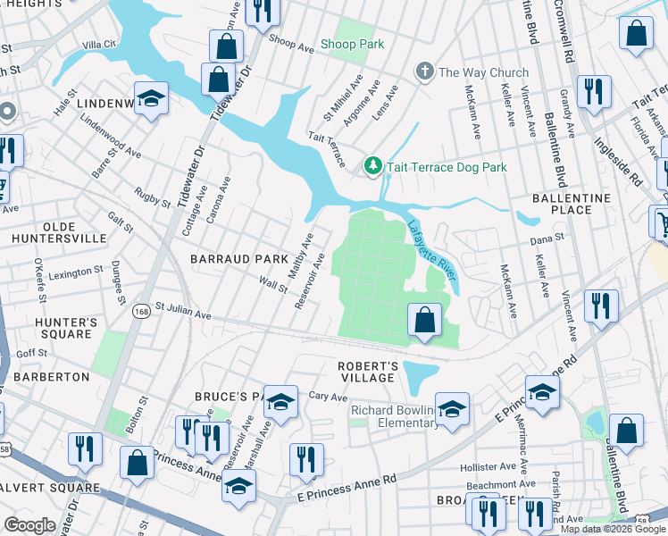 map of restaurants, bars, coffee shops, grocery stores, and more near 1498 Rugby Street in Norfolk