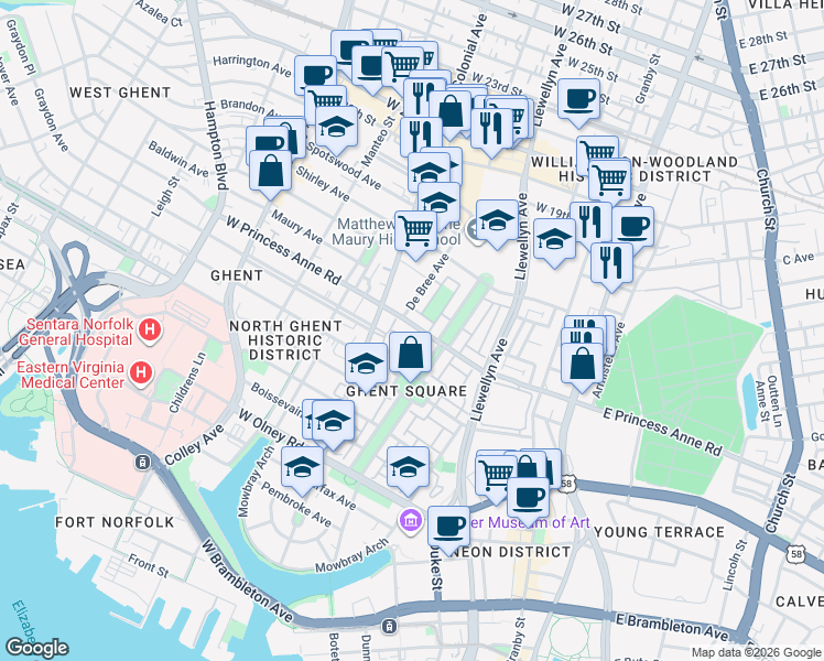 map of restaurants, bars, coffee shops, grocery stores, and more near 472 Westover Mews in Norfolk