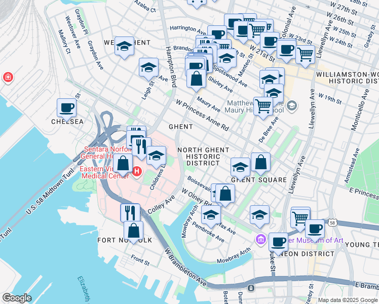 map of restaurants, bars, coffee shops, grocery stores, and more near in Norfolk