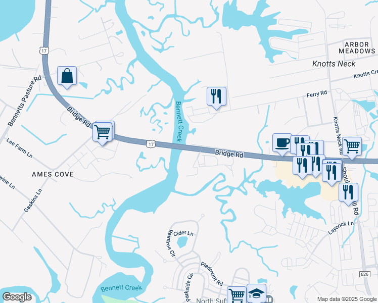 map of restaurants, bars, coffee shops, grocery stores, and more near 3333 Bridge Road in Suffolk