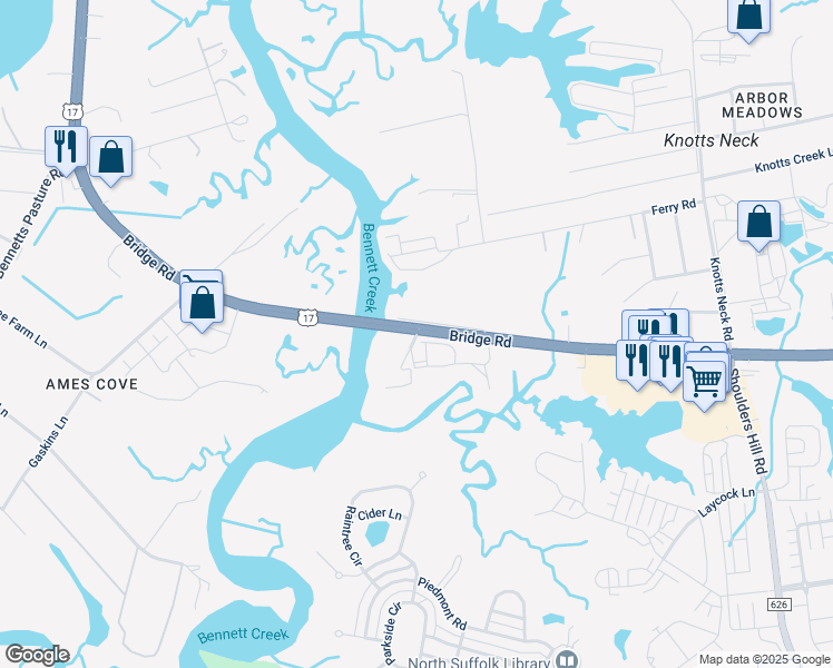 map of restaurants, bars, coffee shops, grocery stores, and more near 3333 Bridge Road in Suffolk