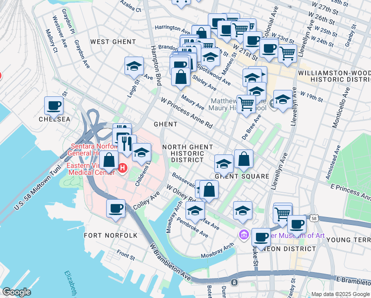 map of restaurants, bars, coffee shops, grocery stores, and more near 632 Redgate Avenue in Norfolk