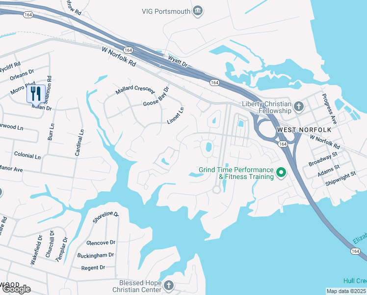 map of restaurants, bars, coffee shops, grocery stores, and more near 3812 Lamplighter Court in Portsmouth