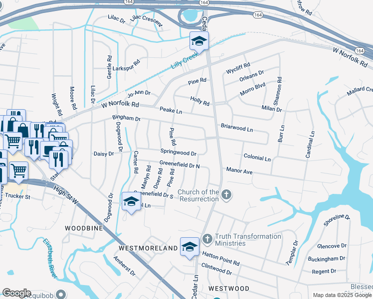map of restaurants, bars, coffee shops, grocery stores, and more near 5528 Springwood Drive in Portsmouth