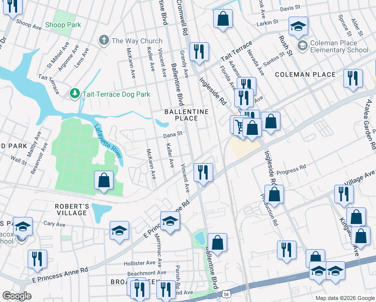 map of restaurants, bars, coffee shops, grocery stores, and more near 2321 Ballentine Boulevard in Norfolk