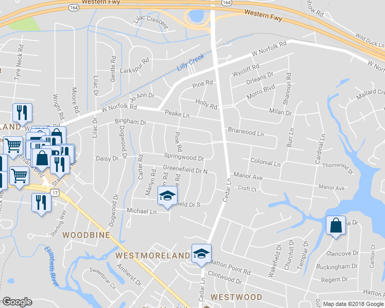 map of restaurants, bars, coffee shops, grocery stores, and more near 5528 Springwood Drive in Portsmouth