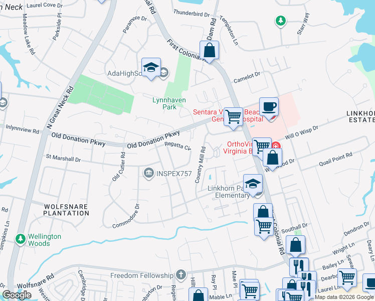 map of restaurants, bars, coffee shops, grocery stores, and more near 2033 Regatta Circle in Virginia Beach