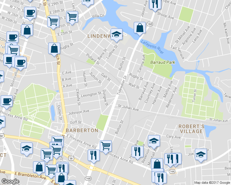 map of restaurants, bars, coffee shops, grocery stores, and more near 1805 Tidewater Drive in Norfolk