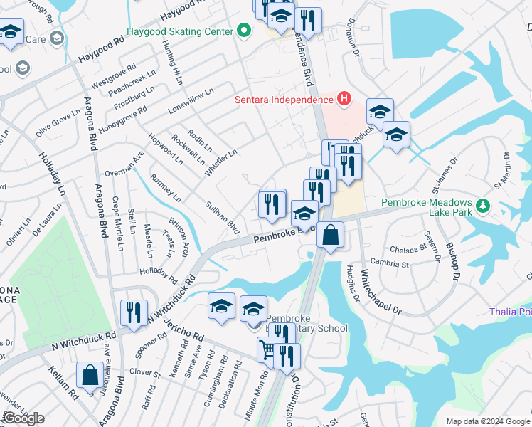 map of restaurants, bars, coffee shops, grocery stores, and more near 4616 Georgetown Place in Virginia Beach