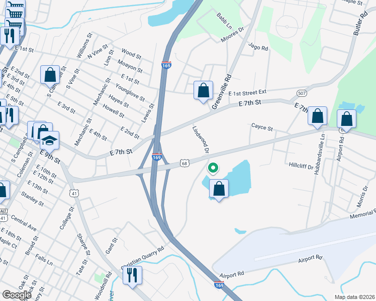 map of restaurants, bars, coffee shops, grocery stores, and more near McLean Avenue in Hopkinsville