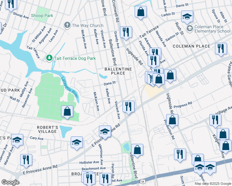 map of restaurants, bars, coffee shops, grocery stores, and more near 2304 Vincent Avenue in Norfolk