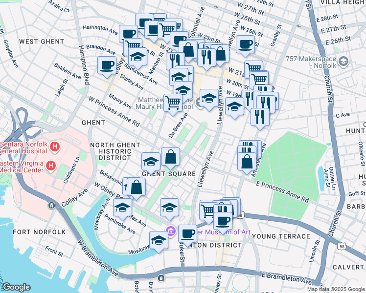 map of restaurants, bars, coffee shops, grocery stores, and more near 1204 Botetourt Gardens in Norfolk