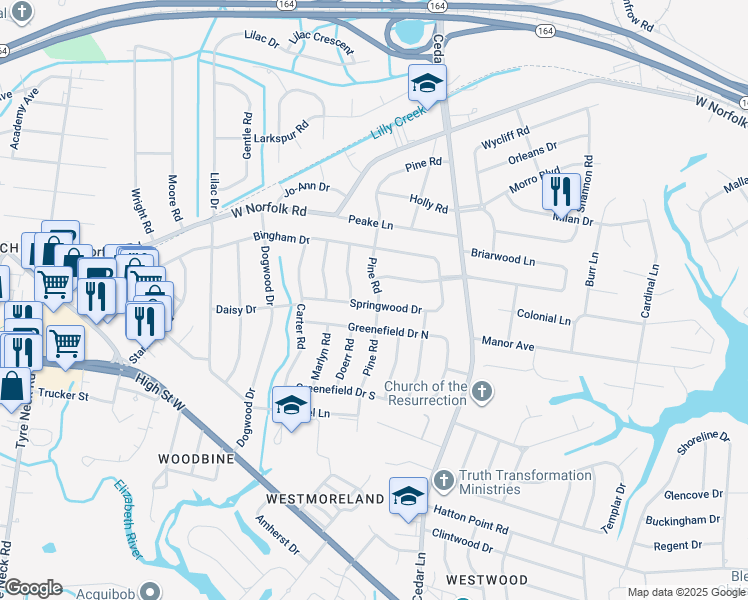 map of restaurants, bars, coffee shops, grocery stores, and more near 5600 Springwood Drive in Portsmouth