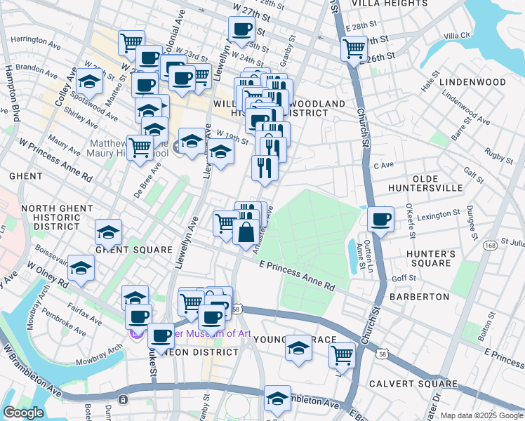 map of restaurants, bars, coffee shops, grocery stores, and more near 1400 Monticello Avenue in Norfolk