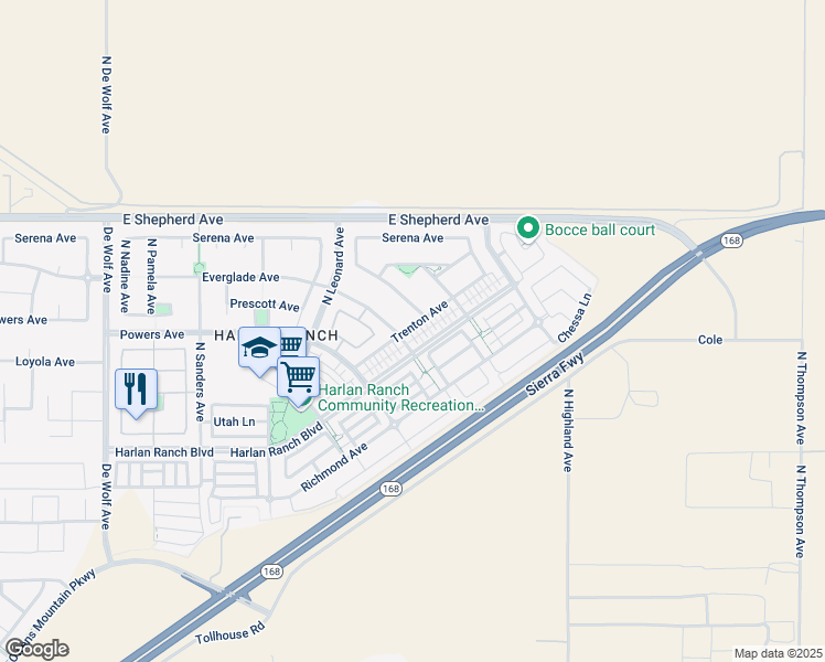map of restaurants, bars, coffee shops, grocery stores, and more near 4011 Harlan Ranch Boulevard in Clovis