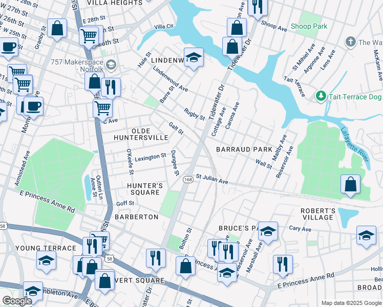 map of restaurants, bars, coffee shops, grocery stores, and more near 1805 Tidewater Drive in Norfolk