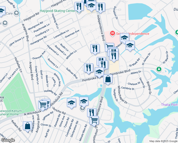 map of restaurants, bars, coffee shops, grocery stores, and more near 4624 Georgetown Place in Virginia Beach
