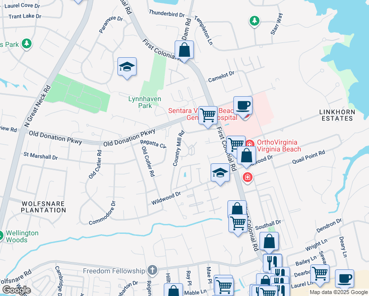 map of restaurants, bars, coffee shops, grocery stores, and more near 1009 Autumn Woods Lane in Virginia Beach